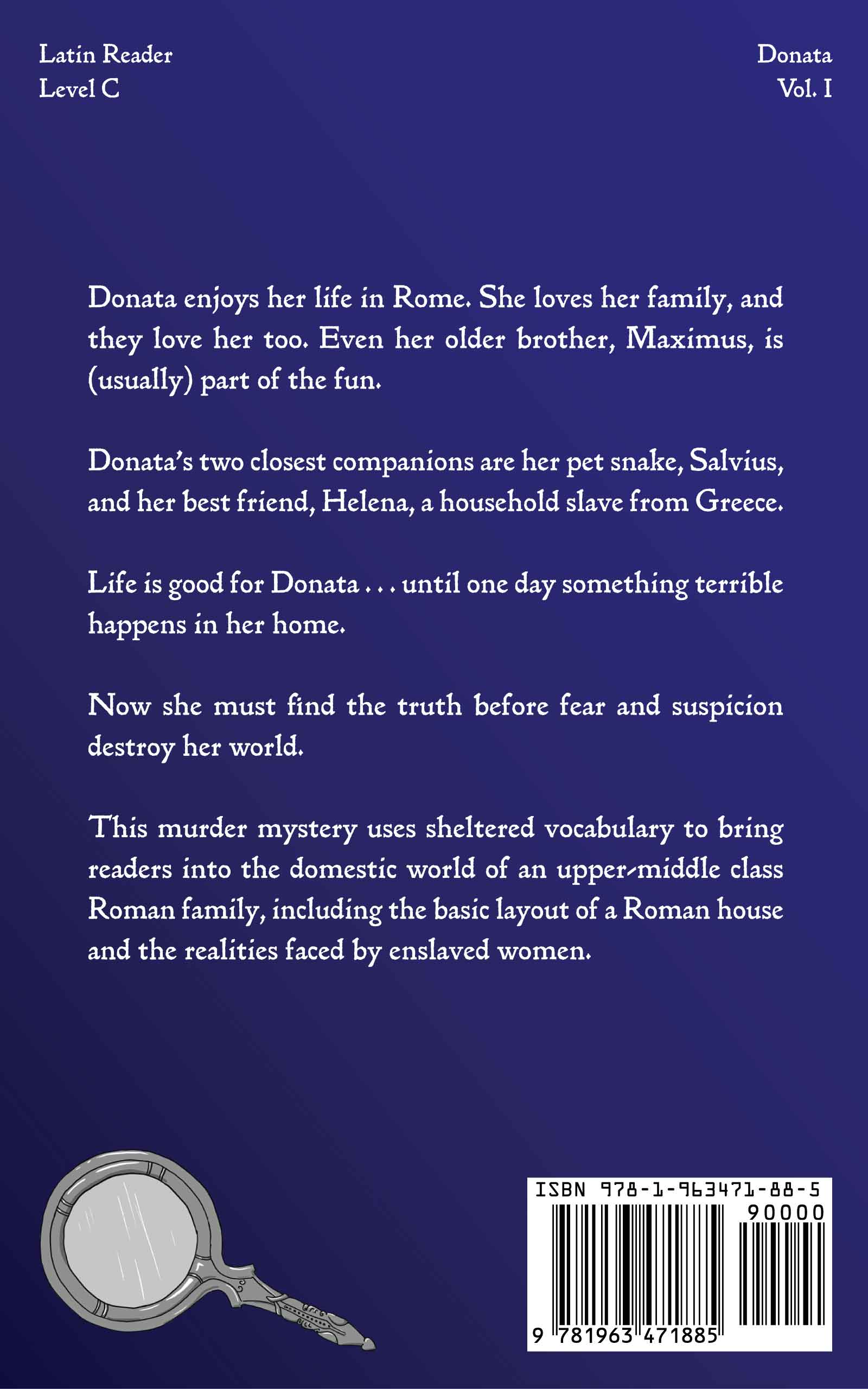 Back Cover of Donata et Secretum Malum: A Latin Novella, by Rachel Ash (Storybase Books, 2026)